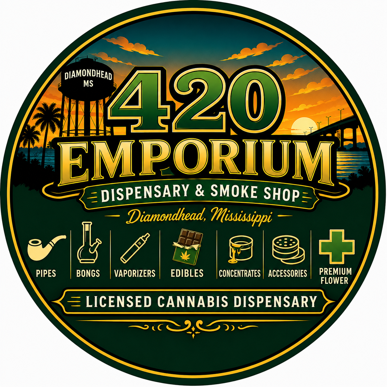 420 Emporium Dispensary and Smoke Shop logo with coastal sunset artwork